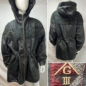 Vintage GIII Women’s XL Black Leather Vintage 90s Hooded Jacket Trench Coat Y2K